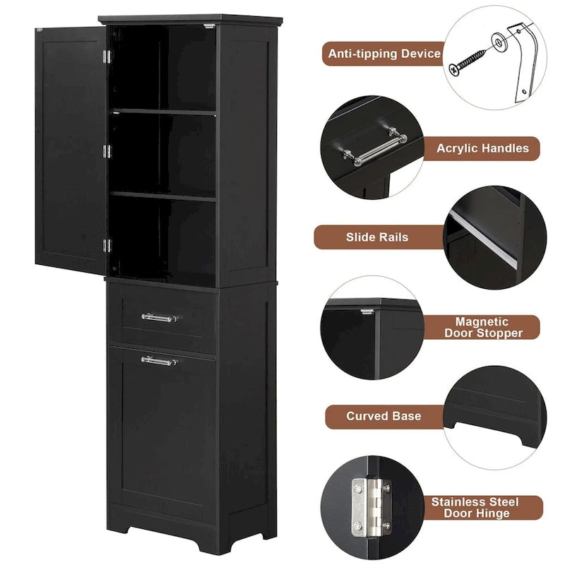 Meuble de rangement de salle de bain haut sur pied avec tiroirs, étagère réglable, noir