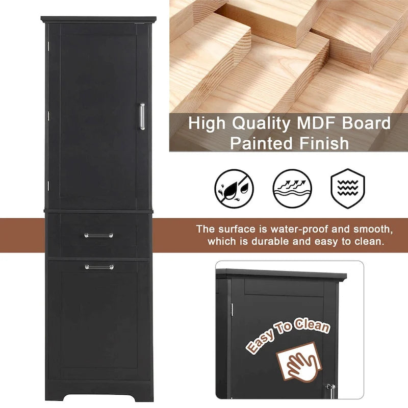 Meuble de rangement de salle de bain haut sur pied avec tiroirs, étagère réglable, noir