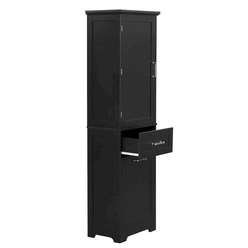 Meuble de rangement de salle de bain haut sur pied avec tiroirs, étagère réglable, noir