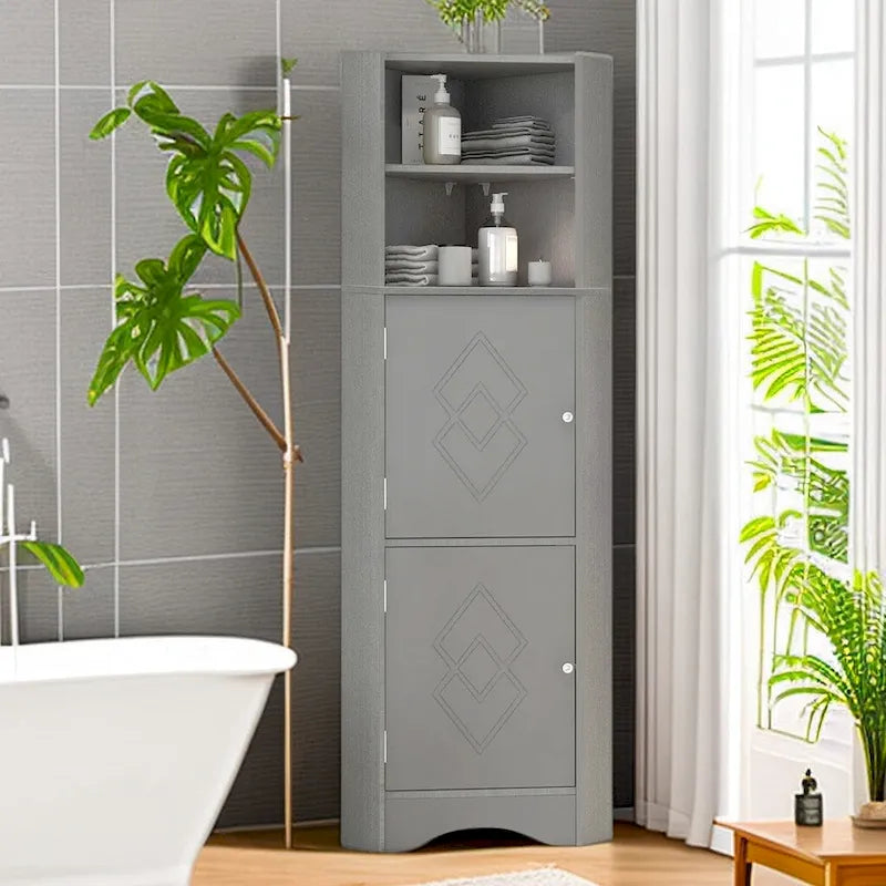 Meuble d'angle de salle de bain autoportant haut gris avec deux portes et étagères ouvertes
