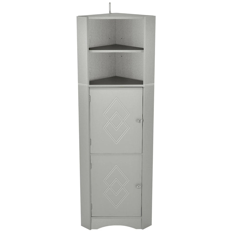 Meuble d'angle de salle de bain autoportant haut gris avec deux portes et étagères ouvertes