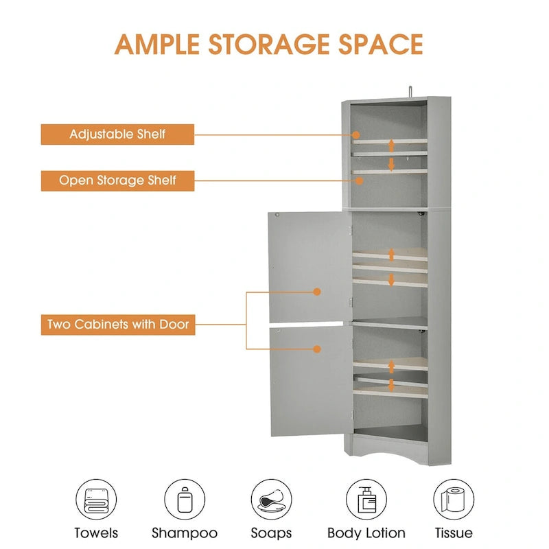 Meuble d'angle de salle de bain autoportant haut gris avec deux portes et étagères ouvertes