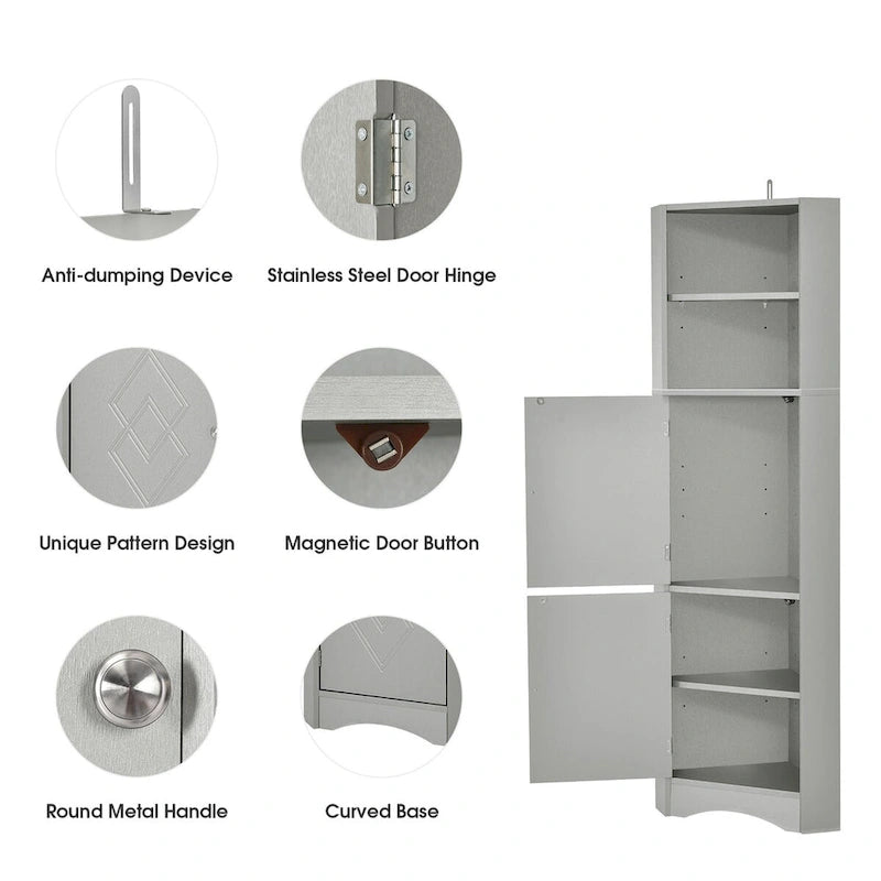 Meuble d'angle de salle de bain autoportant haut gris avec deux portes et étagères ouvertes