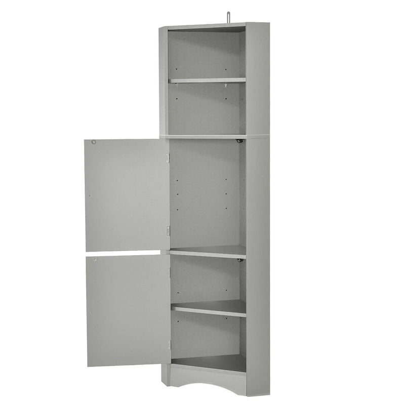 Meuble d'angle de salle de bain autoportant haut gris avec deux portes et étagères ouvertes
