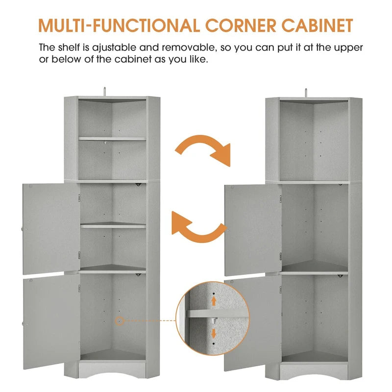 Meuble d'angle de salle de bain autoportant haut gris avec deux portes et étagères ouvertes