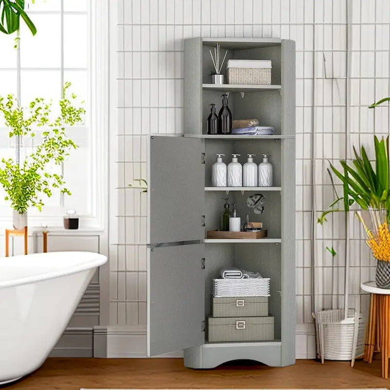 Meuble d'angle de salle de bain autoportant haut gris avec deux portes et étagères ouvertes