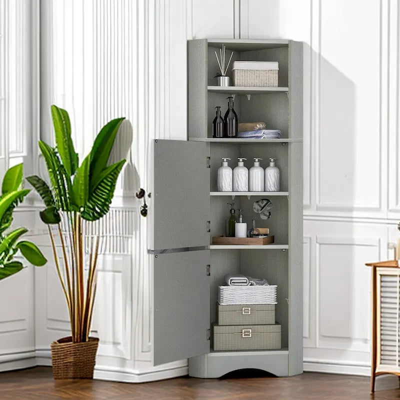 Meuble d'angle de salle de bain autoportant haut gris avec deux portes et étagères ouvertes