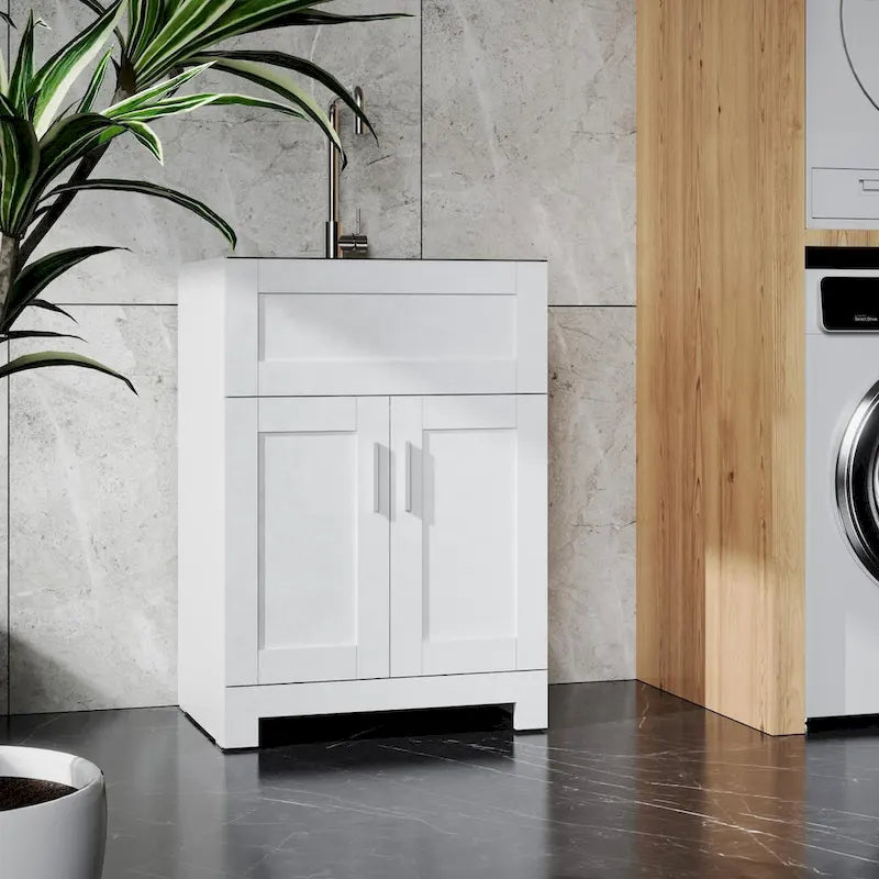 Meuble de salle de bain blanc avec lavabo en acier inoxydable et robinet, portes à fermeture douce