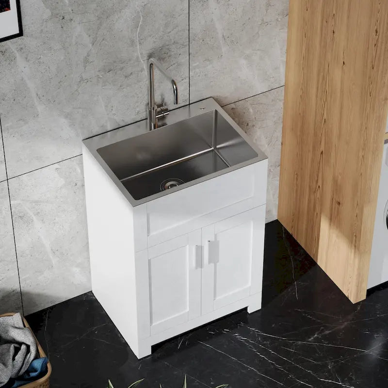 Meuble de salle de bain blanc avec lavabo en acier inoxydable et robinet, portes à fermeture douce