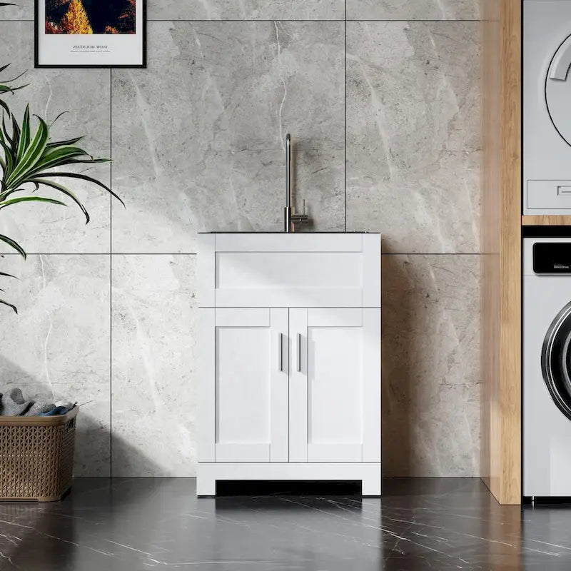 Meuble de salle de bain blanc avec lavabo en acier inoxydable et robinet, portes à fermeture douce