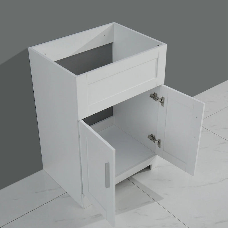 Meuble de salle de bain blanc avec lavabo en acier inoxydable et robinet, portes à fermeture douce