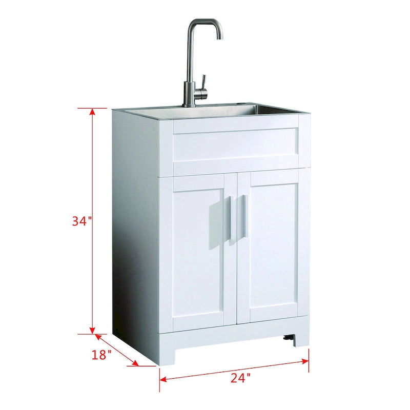 Meuble de salle de bain blanc avec lavabo en acier inoxydable et robinet, portes à fermeture douce