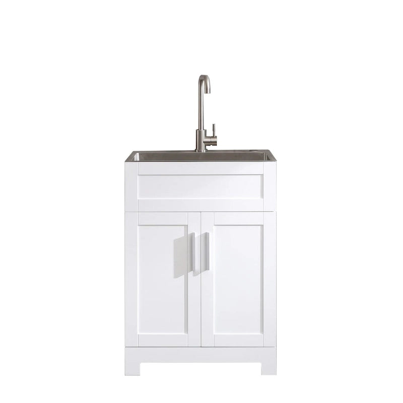 Meuble de salle de bain blanc avec lavabo en acier inoxydable et robinet, portes à fermeture douce
