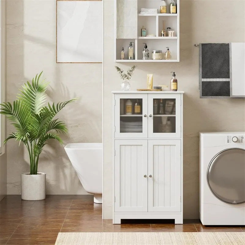 Meuble de rangement blanc autonome avec portes en verre dépoli et étagères réglables