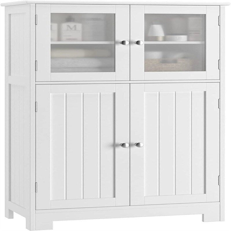 Meuble de rangement blanc autonome avec portes en verre dépoli et étagères réglables