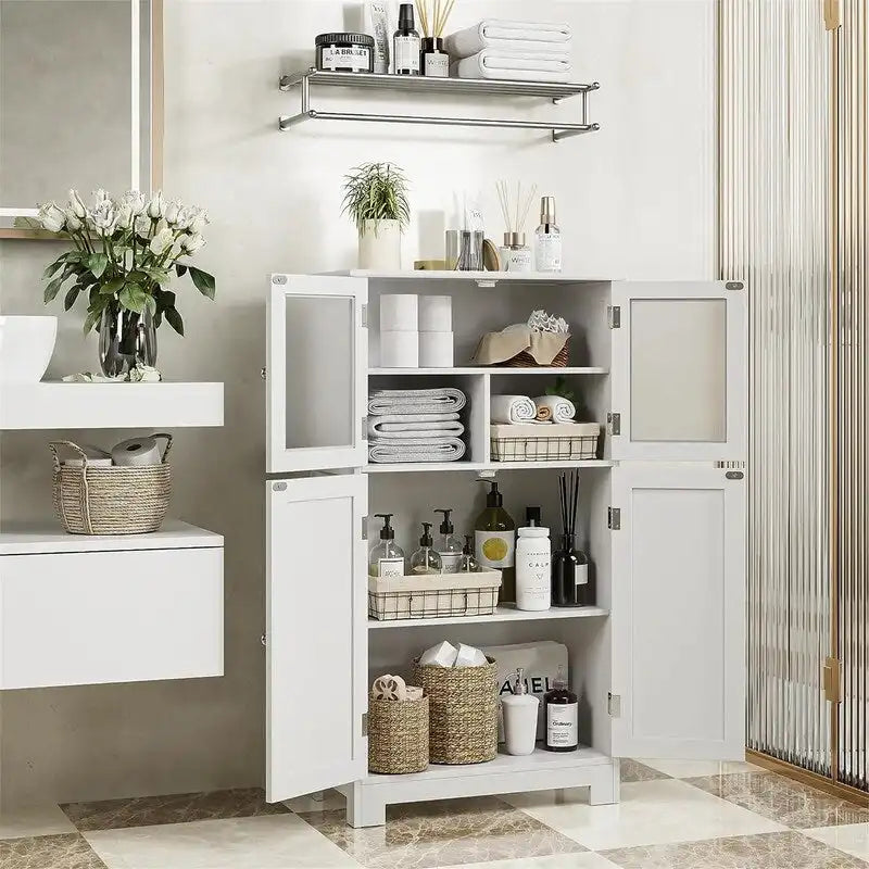 Meuble de rangement blanc autonome avec portes en verre dépoli et étagères réglables