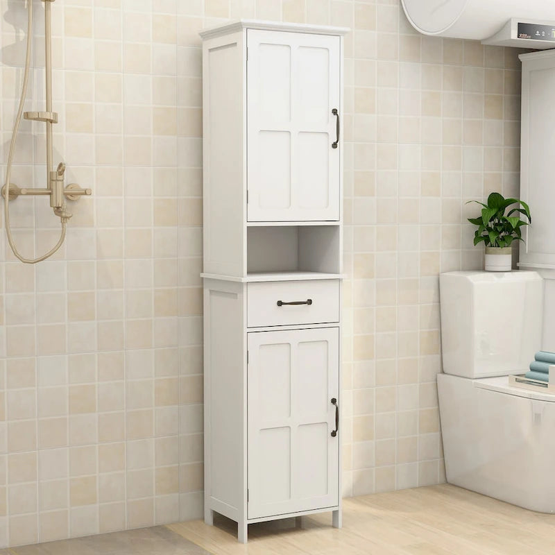 Armoire de rangement blanche étroite et haute à double porte, peu profonde