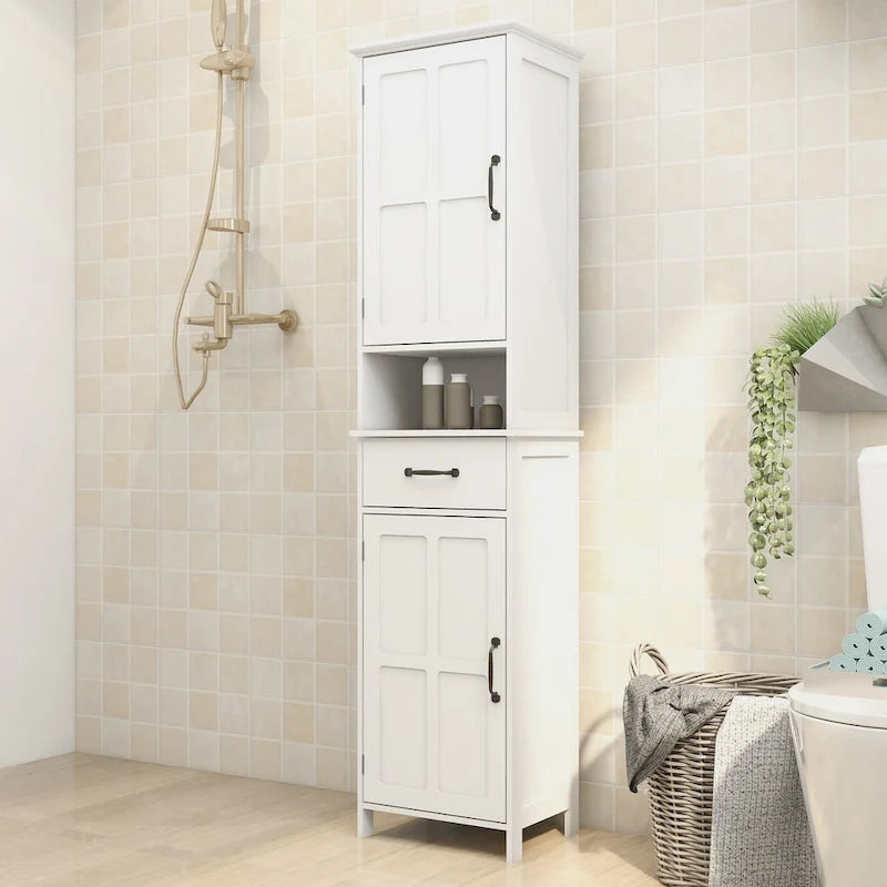 Armoire de rangement blanche étroite et haute à double porte, peu profonde