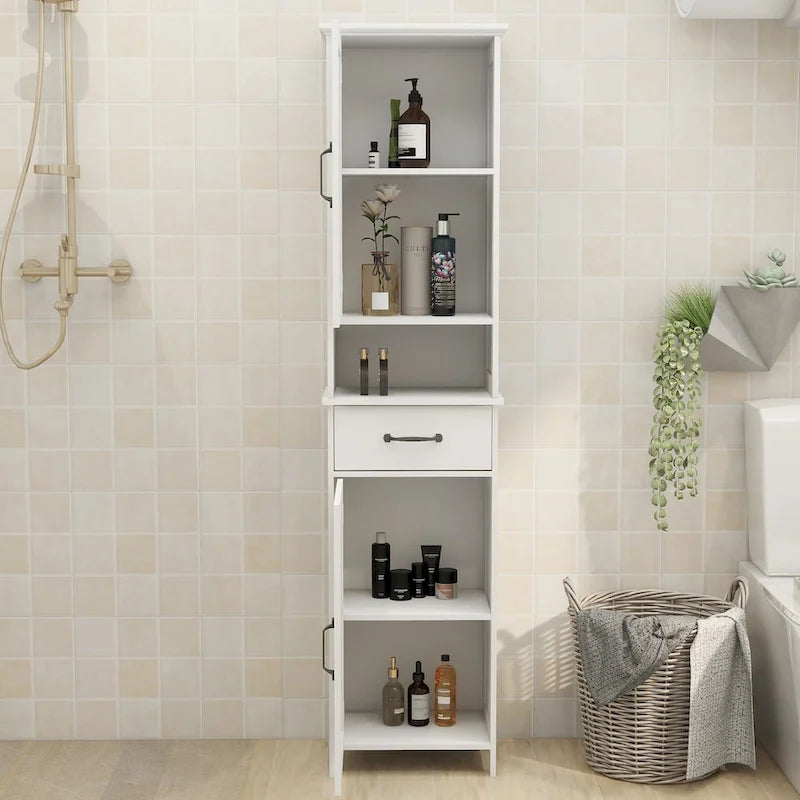 Armoire de rangement blanche étroite et haute à double porte, peu profonde