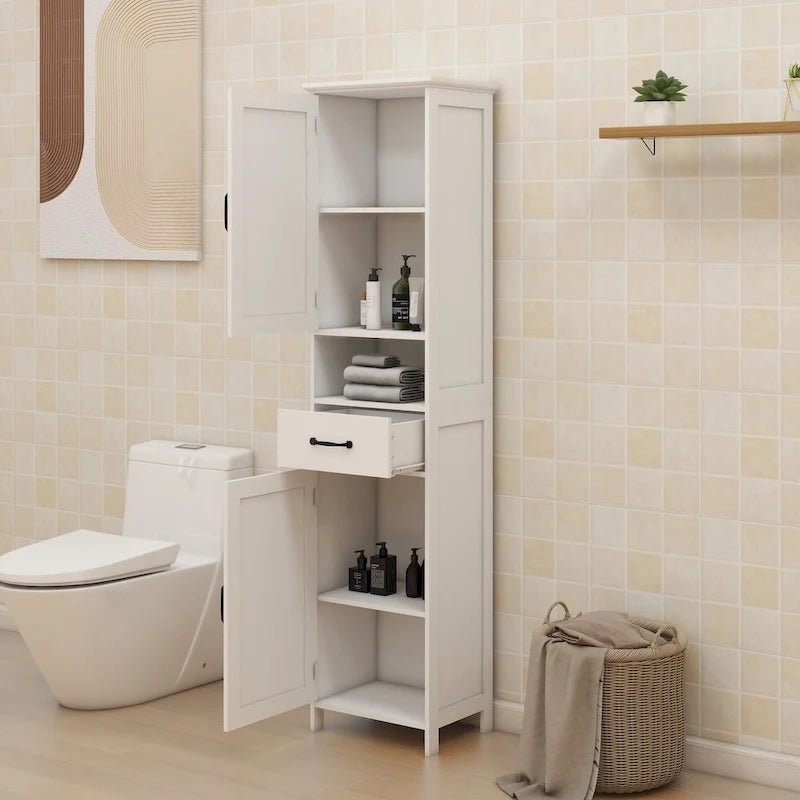 Armoire de rangement blanche étroite et haute à double porte, peu profonde