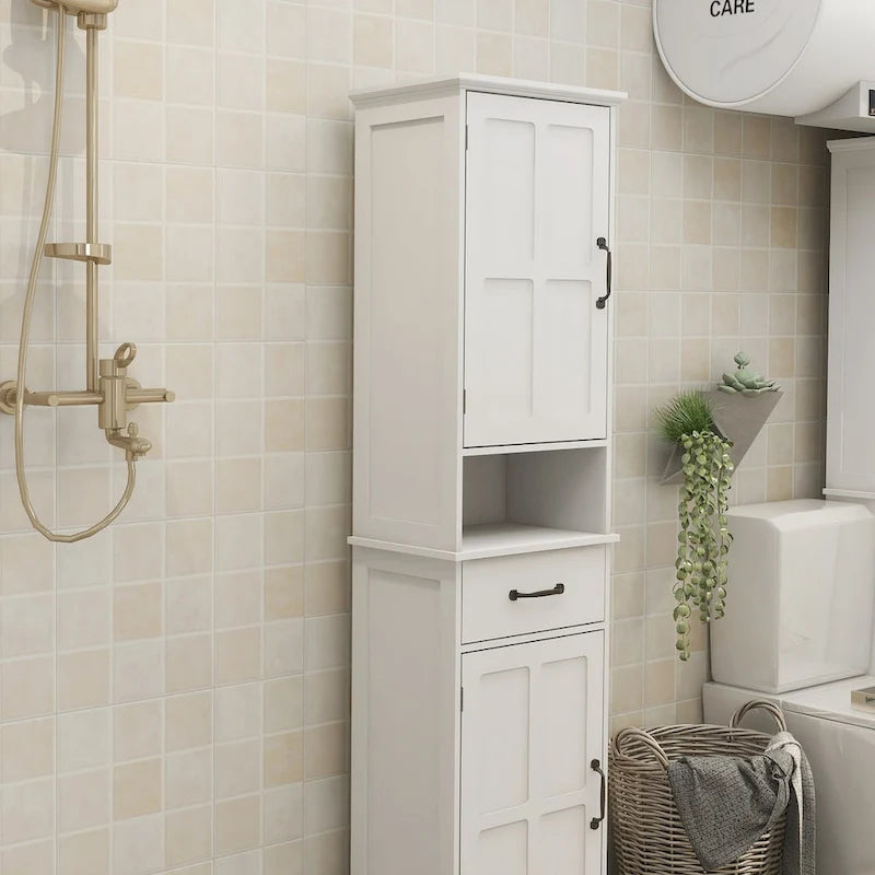 Armoire de rangement blanche étroite et haute à double porte, peu profonde