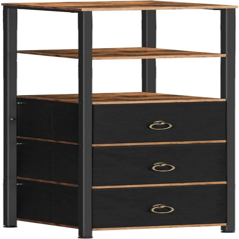 Étagère d'angle 6 niveaux marron rustique avec 3 tiroirs en tissu, finition bois