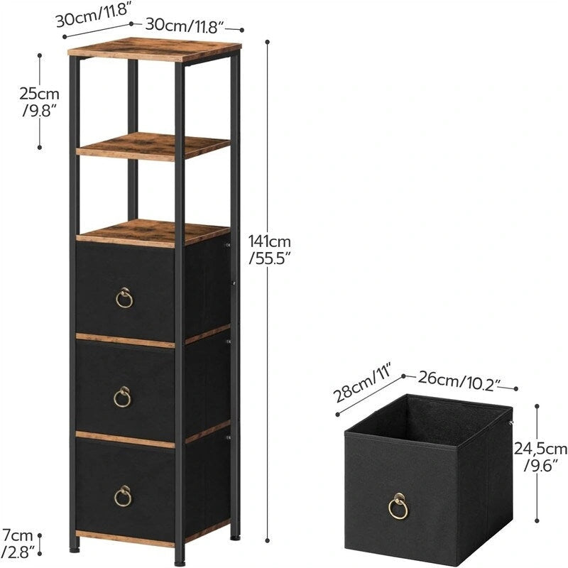 Étagère d'angle 6 niveaux marron rustique avec 3 tiroirs en tissu, finition bois