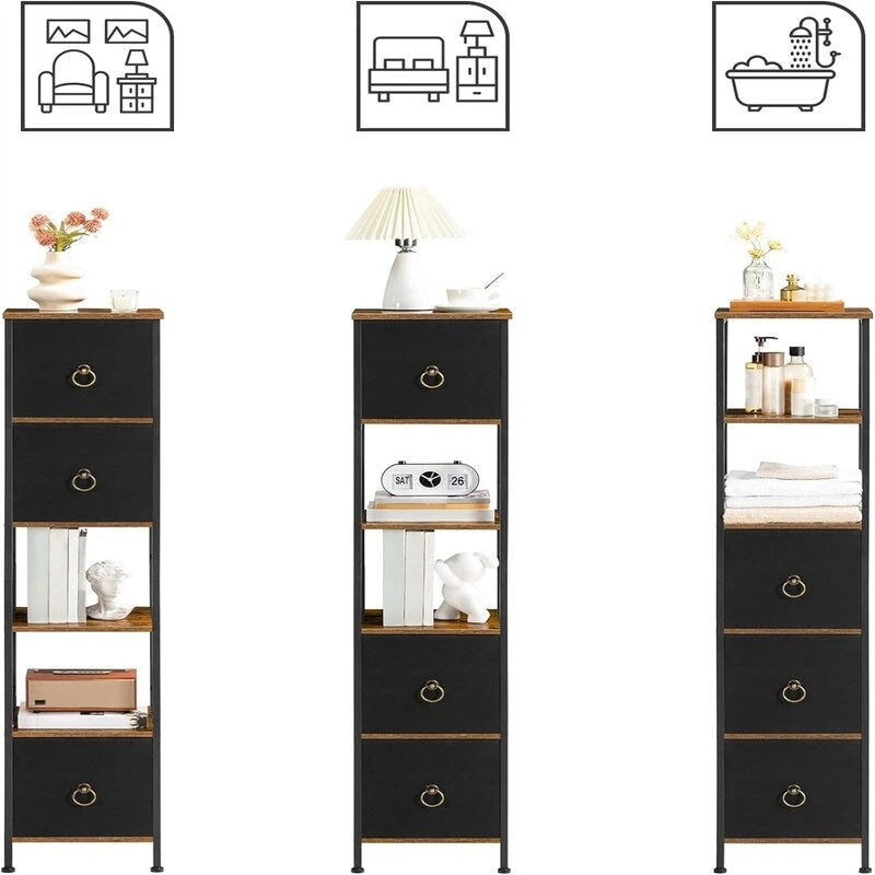 Étagère d'angle 6 niveaux marron rustique avec 3 tiroirs en tissu, finition bois