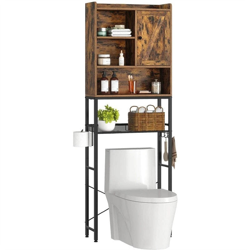 Meuble de rangement rustique marron pour toilettes, avec porte et étagères ouvertes, cadre en métal