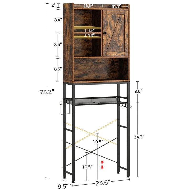 Meuble de rangement rustique marron pour toilettes, avec porte et étagères ouvertes, cadre en métal