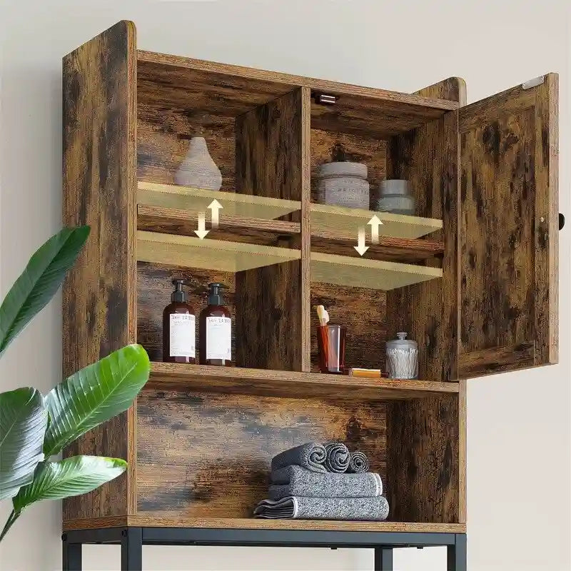 Meuble de rangement rustique marron pour toilettes, avec porte et étagères ouvertes, cadre en métal