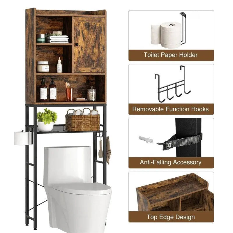 Meuble de rangement rustique marron pour toilettes, avec porte et étagères ouvertes, cadre en métal
