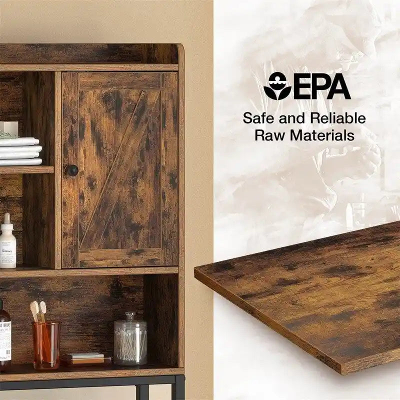 Meuble de rangement rustique marron pour toilettes, avec porte et étagères ouvertes, cadre en métal