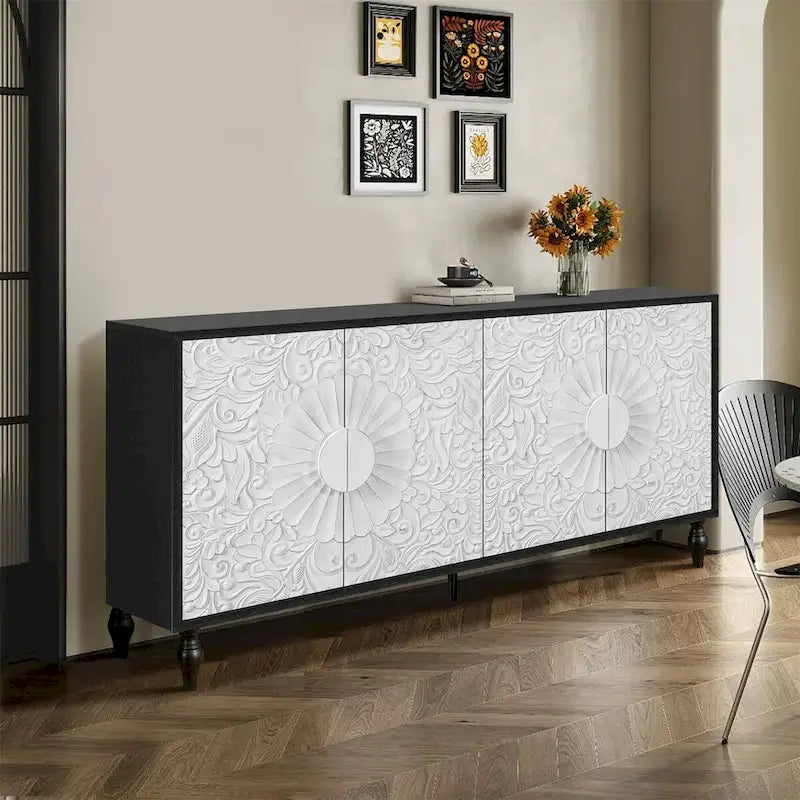 Buffet vintage noir et blanc avec portes sculptées design élégant
