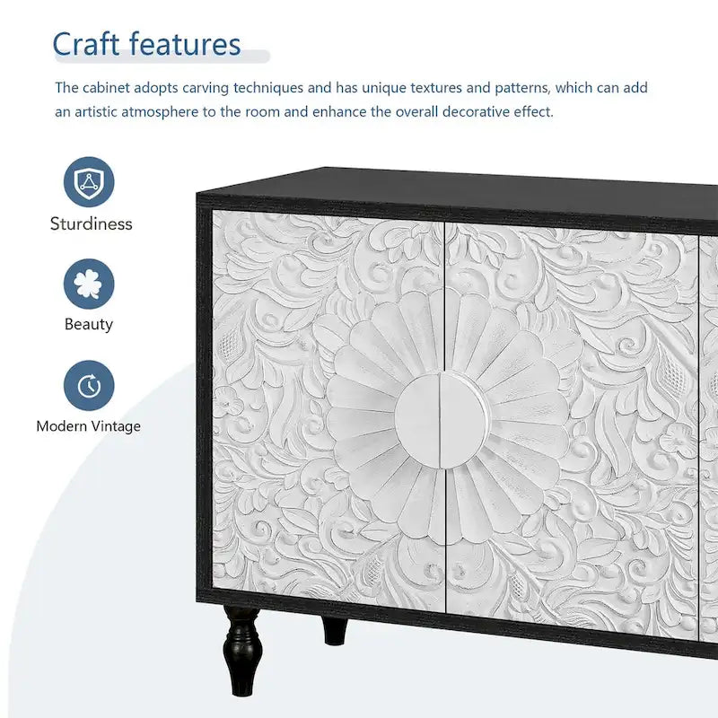 Buffet vintage noir et blanc avec portes sculptées design élégant