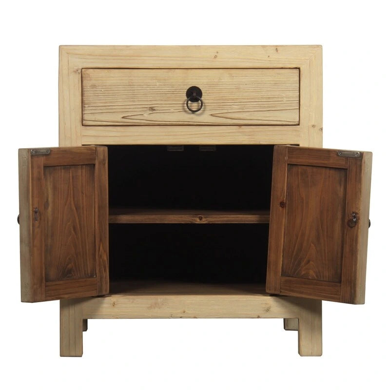 Table de chevet rustique en bois avec tiroir et armoire à double porte Beige