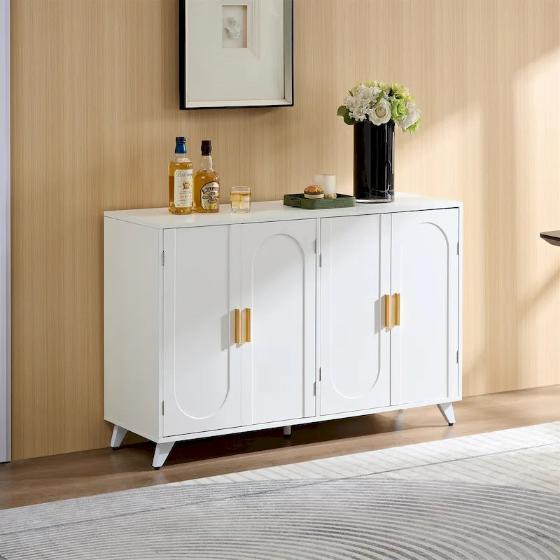 Buffet bahut blanc 4 portes avec poignées dorées et étagères réglables