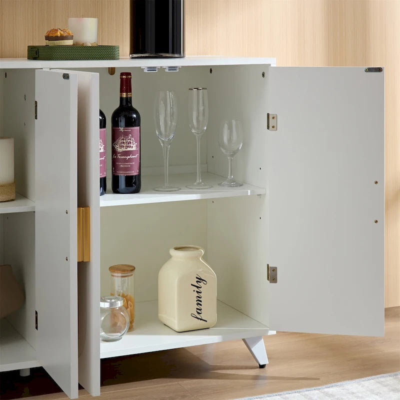 Buffet bahut blanc 4 portes avec poignées dorées et étagères réglables